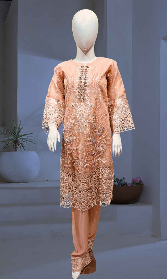 Peach Gold Luxury Embroidered Ensemble Fancy – A Statement of Grace